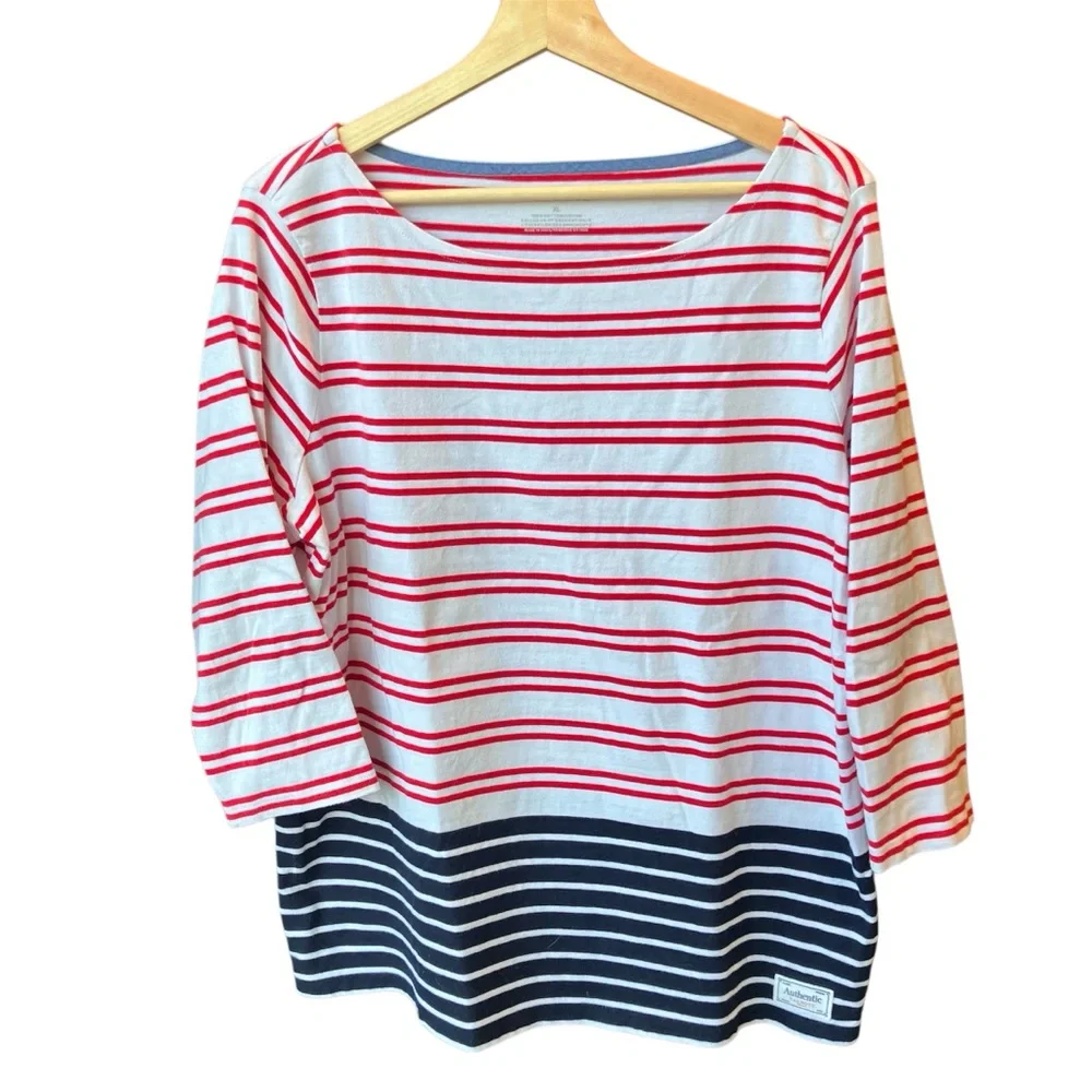 Talbots 100% Cotton Colorblock Destin Stripe Boat Neck 3/4 Sleeve T-Shirt XL